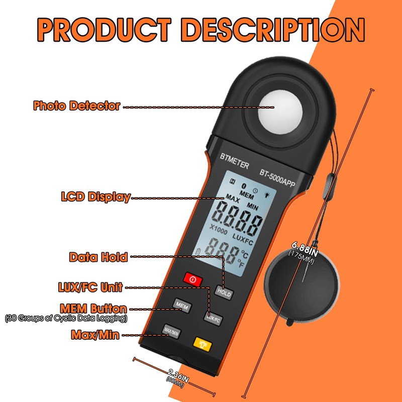 BTMETER Illuminance Light Meter w/Bluetooth - Digital Lumen Tester Measure