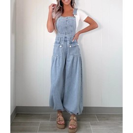 yoeasy Women's Denim Bib Overalls Lotus Tube Wide Leg Baggy Jeans Adjustable Strap Pleated Jumpsuits with Drawstring (X-Large, Light Blue)