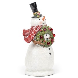 Snowman with LED Lighted Wreath, Freestanding Figurine, Holiday Décor, 13.75 Inches
