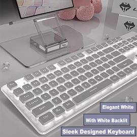 Wireless Keyboard and Mouse Combo, Rechargeable Metal Full Size Mute Keyboard and Ergonomic Mice, 2.4G Ultra-Thin Sleek Design for Windows Computer Desktop PC Laptop (White with white light)