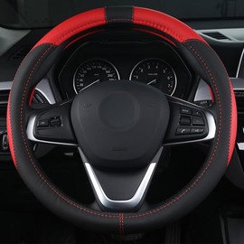 OFZVEO Car Steering Wheel Cover Steering Wheel Protector PU Leather Universal 37-38cm / 15" Anti-slip Breathable Durable (Red)