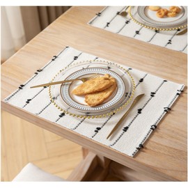 Boho Placemats Set of 6 for Dining Table Decor, Woven Cloth Place Mats for Farmhouse Rustic Kitche Home Decor, Cotton Placemats 13 x 19 Inch, Black and Beige Table mats