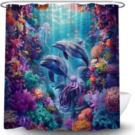 Dolphin Shower Curtain Blue Underwater World Ocean Animal Octopus Jellyfish Tropical Fish Sea Coral Reefs Marine Life Nautical Seaweed Bath Curtain with Hook