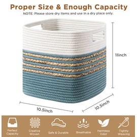 UBBCARE Set of 3 Storage Cubes 11 X 10.5 X 10.5 in, Water Hyacinth Storage Bins for Shelves, Toys, Book, Storage Baskets with Handles, Cotton Rope Woven Baskets for Organizing, Light Blue