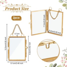 OLYCRAFT 2Pcs Wall Hanging Mini Photo Frames 3.6x2.4 Inch Double Glass Picture Frame with Chain Brass Folding Frame DIY Vintage Artwork Display Frames for Pressed Flowers Pictures Home Wall Decor