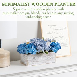 MyGift Artificial Blue Hydrangea Flowers in White Washed Solid Wood Box Planter, Faux Floral Bouquet Arrangement Rustic Farmhouse Table Centerpiece Home Decor