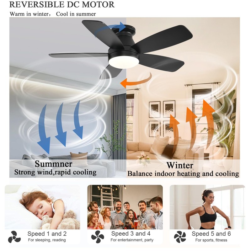 JSAITEE Ceiling Fans with Lights, 42 Inch Low Profile Ceiling