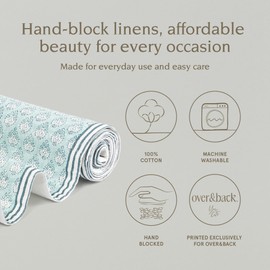 over&back 18x90 Hand-Blocked Printed Cotton Table Runner - Washable Table Runners for a Custom Home Decor Tablescape - Perfect for Coffee Table, Dinner Table, Living Room, and More - Blue Leaf