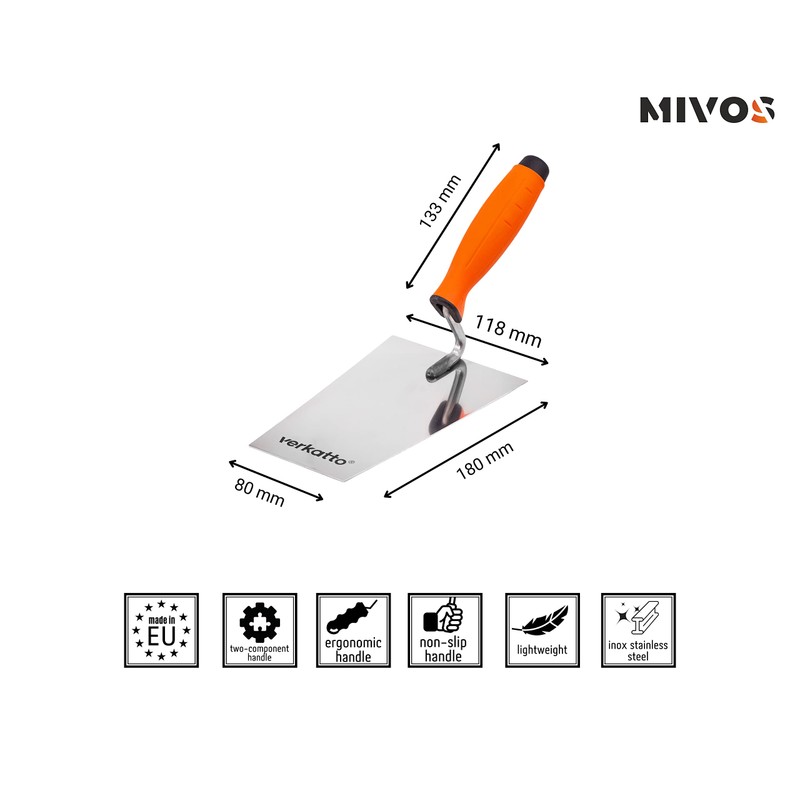 Mivos Stainless Steel Trapezoidal Trowel 180 mm - Rustproof Masonry