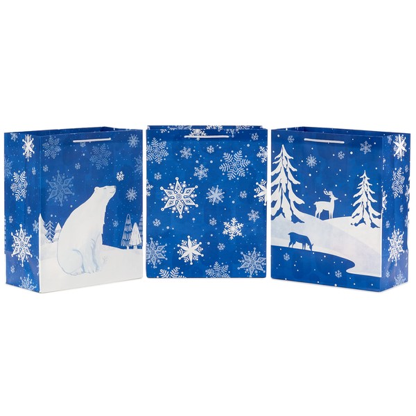 Hallmark 13" Large Gift Bag Bundle (Snowflakes on Blue, Polar Bear, Snowy Woodland Scene) for Winter Birthdays, Baby Showers
