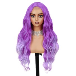 quickwig Long Purple Wavy Wig for Women 26 Inches Ombre Purple Wigs Middle Part Heat Resistant Synthetic Fiber Colored Hair Wig for Daily Party Use