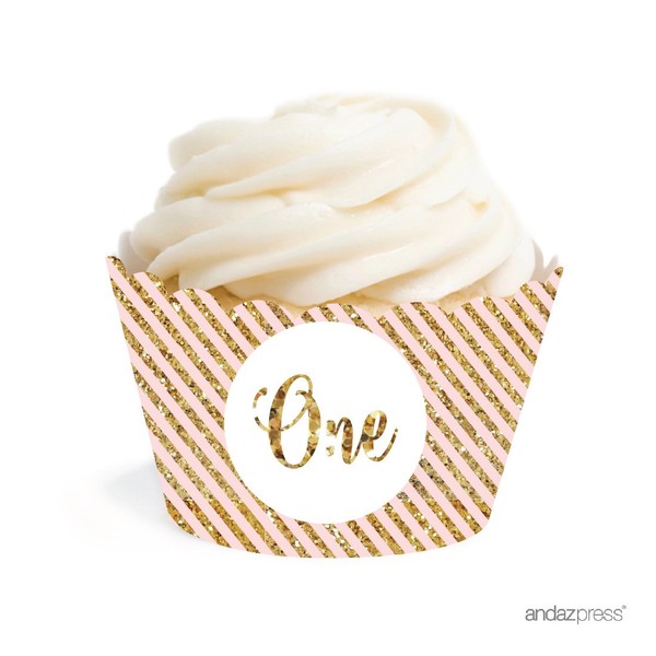 Andaz Press Blush Pink Gold Glitter Girl's 1st Birthday Party Collection, Cupcake Wrappers, 20-Pack