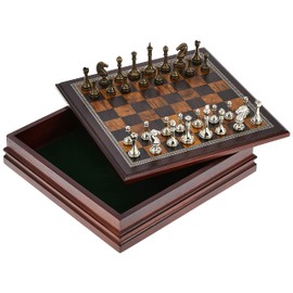 Classic Game Collection Metal Chess Set with Deluxe Wood Board and Storage - 2.5" King, Gold/Silver/Brown (985)