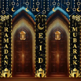 AIBIIN 3pcs Ramadan Mubarak Banner Ramadan Mubarak Porch Sign Banner Eid Decorations for Home Front Door Eid Mubarak Door Banner for Indoor Outdoor