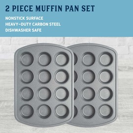 Country Living Nonstick Muffin Pan, Heavy Duty Carbon Steel with Quick Release Coating, Made without PFOA, Dishwasher Safe, 2-Pack Bakeware Set, 12-Cup, Gray Speckle