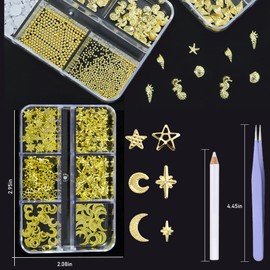 XEAOHESY 3 Boxes Gold Nail Charms Moon Star Nail Rivets Ocean Nail Studs Pearls Caviar Beads for Nails Summer Starry Sky Beach Charms for Nails with Pickup Pen and Tweezers