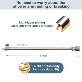 BRIGHT SHOWERS 15 Inch Extra Long Shower Head Extension Arm, Solid Brass Shower Arm Extender with Locking Screw for Rain and Handheld Showerhead, Height & Angle Adjustable, Brushed Nickel