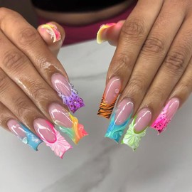 Long Press on Nails Square Fake Nails with Design 3D Drip Gel Glue on Acrylic Nails Colorful French Tip False Nails Stick on Nail for Women 24 Pcs