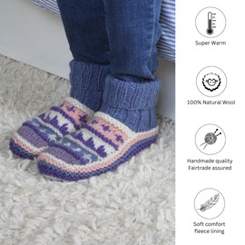 Pachamama Women 100% Wool Bed Sofa Lounge Socks Handknitted Fleece Lined Fairisle Medium 4-7 Handmade Extra Warm Fair Trade (Wool, Violet)