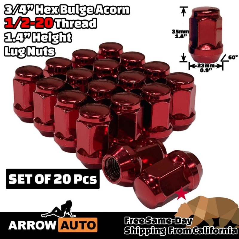 ARROW 20x 1.4" Tall Red 1/2-20 Bulge Acorn Lug Nuts