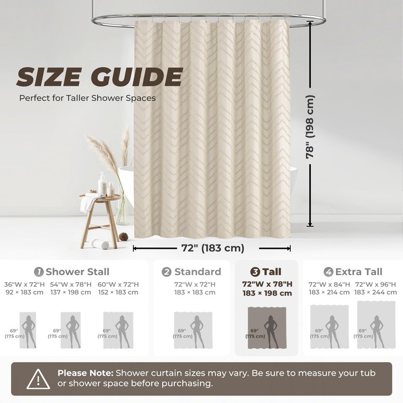 TURKIO Tall Shower Curtain 78 Inches Long Beige Shower Curtain