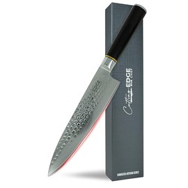 CUTTING EDGE CHEF - Damascus Hammered Chef Knife - 8 inch Blade - Hand-Polished Ebony Handle - Full Tang