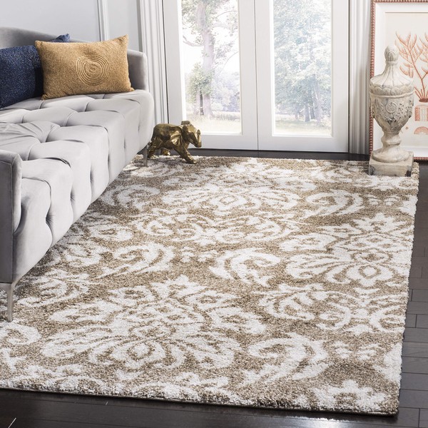 SAFAVIEH Florida Shag Collection SG460 Damask Non-Shedding Living Room Bedroom Dining Room Entryway Plush 1.2-inch Thick Area Rug, 5'3" x 7'6", Beige / Cream