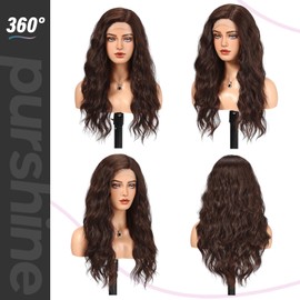 purshine Dark Brown Long Wavy Wig for Women Pre Plucked Lace Front Synthetic Wig for Daily Wear or Cosplay