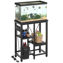 Bestier 10 Gallon Fish Tank Stand with Power Outlet, 20.3x10.6 Metal Aquarium Stand with Filter Storage, 6-Leg Reptile Tank Stand with 3-Tier Adjustable Storage Shelves, 264LBS Capacity，Black Oak