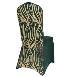 Tableclothsfactory Hunter Emerald Green Gold Spandex Stretch Banquet Chair Cover with Wave Embroidered Sequins for Party & Decorations