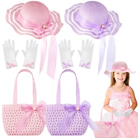Zhanmai 6 Pcs Girls Tea Party Hats Accessories Set Kids Tea Party Bonnets Hats and Gloves Purses for Girls Dress up Favors(Pink, Purple,Chic Style)