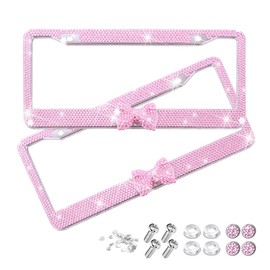 Sandfren Bling Car License Plate Frame, 2PCS Crystal Rhinestone Stainless Steel Vehicle Plate Holder, Glitter Diamond Sparkly Auto Plate Tag Cover Accessories, Universal Fit (Pink/Pink Bow)