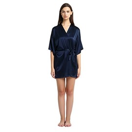 Jasmine Silk Ladies silk Kimono Dressing Gown-Navy (Small)