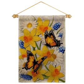 Ornament Collection Daffodil Burlap Garden Flag-Set Wood Dowel Friends Bugs Frogs Butterfly Ladybugs Dragonfly Bee Springtime Insect Natural Wildlife House Yard Gift Double-Sided, Made in USA