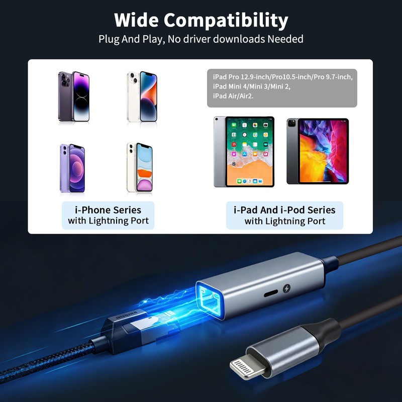 [MFi Certified] Lightning to Ethernet Adapter with Charging Port, 2-in-1