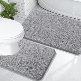OLANLY Bathroom Rugs Sets 2 Piece, Soft Absorbent Chenille Bath Mats and U-Shaped Contour Toilet Mat Area Rug Set, Machine Washable Bath Carpet, Home Decor Accessories(36"x24"+24"x20", Grey)