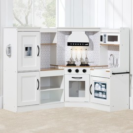 Best Choice Products Pretend Play Corner Kitchen, Ultimate Interactive Wooden Kids Playset w/Lights & Sounds, Ice Maker, Hood - Farmhouse White