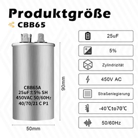 CBB65 450V AC 25uf 50/60HZ Outdoor Start Capacitor, Air Conditioning Capacitor, Air Conditioning Capacitor, Round Capacitor