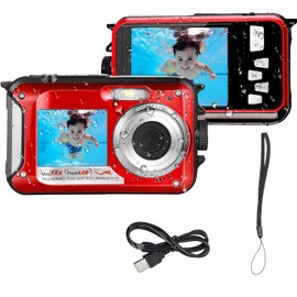eDealz 48MP Megapixel Waterproof Digital Camera Full HD 1080P Dual Display for Underwater Photo and Video Recording with LED Flash Light for Adults and Kids (Red)
