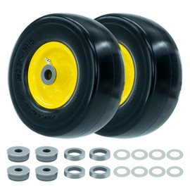 9x3.50-4 Flat-Free Lawn Mower Tire, Heavy-Duty PU Solid Tires with 3.5”-4” Centered Hub, 3/4” and 5/8” Axle Bore, 9" Solid Rubber Tire for Zero-Turn Mowers, Garden Carts, (Yellow, 2pcs)