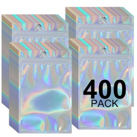 400 Pcs Smell Proof Mylar Bags with Clear Window - Resealable Holographic Packaging for Snacks, Jewelry, Gifts - Airtight Sealable Bags for Business & Retail