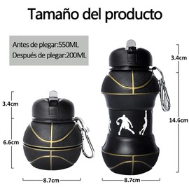 Botella de agua plegable, Botellas de Agua Plegables de Silicona para Niños con Mosquetón Botellas de agua deportivas a prueba de fugas para escolares, footing, senderismo, viajes (Baloncesto negro)