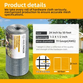 AggFencer 24inch x 50ft Hardware Cloth 1/2 inch Chicken Wire Fencing 19Ga, Hot Dipped Galvanized After Welding Garden Plant Supports Welded Metal Chicken Wire Fence, Poultry Animal Netting Cage Screen