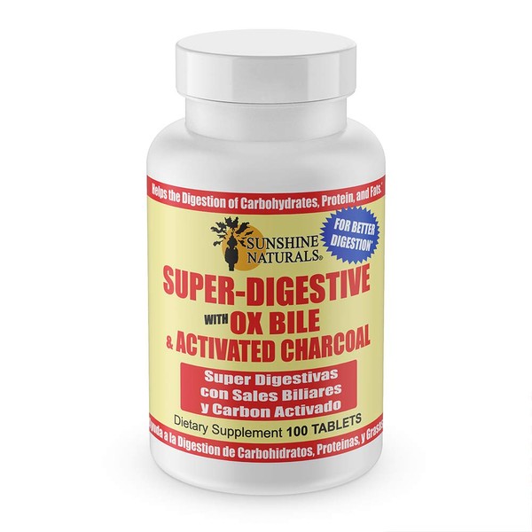 Sunshine Naturals Super Digestive Dietary Supplement. With Ox Bile and Activated Charcoal. Helps the Digestion of Protein and Fat. 100 Tablets