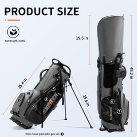 HYPATA 14 Way Golf Stand Bag-Lightweight Golf Bag for Men Women, Premium PU Leather Golf Bag with Stand, 8 Pockets, Cooler Pouch, Rangefinder Pouch, Detachable Dual Strap, Rain Cover Hood, Gray