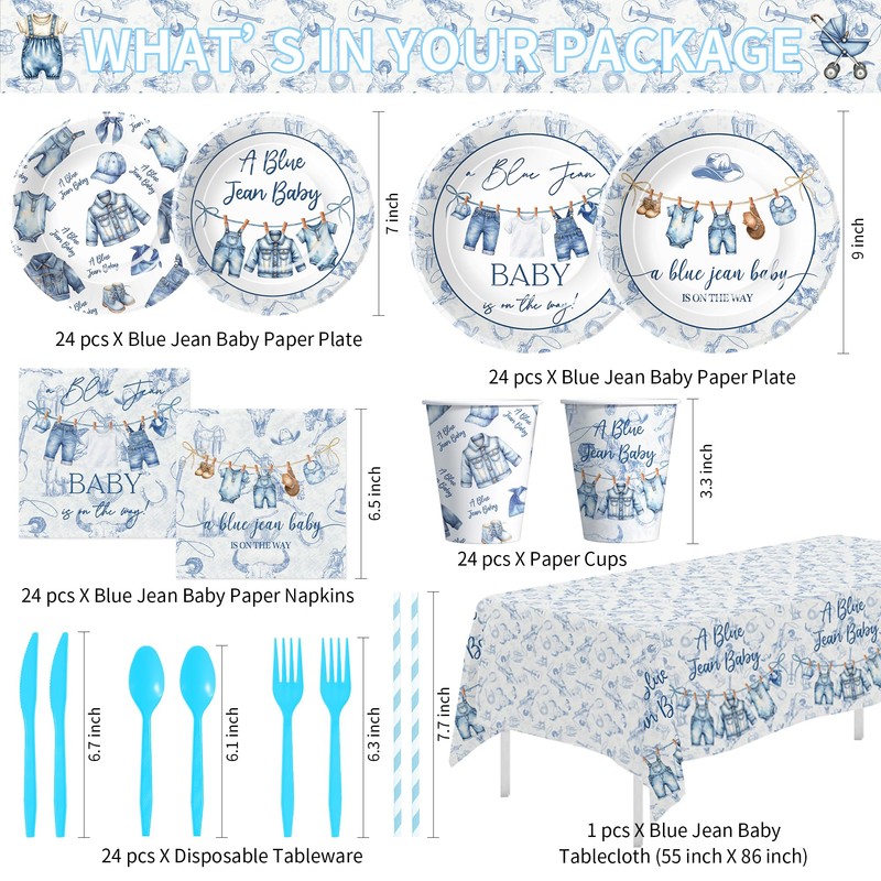 Owelleny Blue Jean Baby Shower Decorations Supplies Boy, Rustic Denim