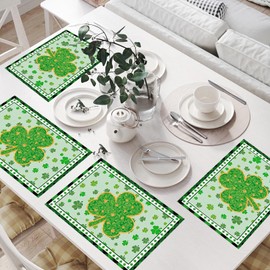 4PCS Buffalo Plaid Shamrock St. Patrick's Day Placemats, 12 x 18" Green Spring Linen Place Mats Washable, Lucky Shamrock Dining Table Mats for St. Patrick Theme Party Kitchen Table Home Decoration