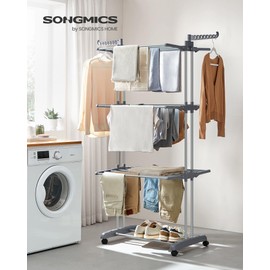 SONGMICS SONGMICS Clothes Drying Rack Stand 4-Tier, Foldable Laundry Drying Rack 68.1-Inch Tall, Steel, Rolling Clothes Horses Dryer Rack, Easy to Assemble, Indoor Outdoor Use, Dove Gray ULLR701G01