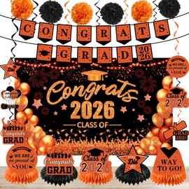 Orange and Black Graduation Decorations Class of 2026 Grad Party Decor Pack, Congrats Grad Banner and Backdrop with Graduate Centerpieces Hanging Swirls Tissue Pom Poms Paper Flower Set