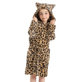 ACTLATI Leopard Cat Fleece Hooded Robe for Girls, Plush Bathrobe With Pockets for 3-12 Years Kids Birthday Christmas Gifts